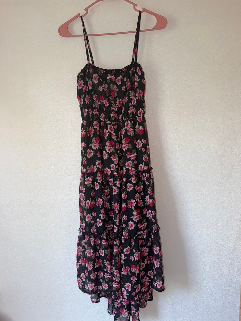 Black Floral Pirnt Maxi Dress Romantic Boho Fairy Goth Summer Style Size Small